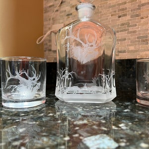 Rutting #1 Elks + Elk Profile Whiskey Decanter 23.75 oz. + 2 Whiskey/Cognac/Brandy  Sand-Carved Elk glasses - CHOICE OF 5 Sizes/Styles