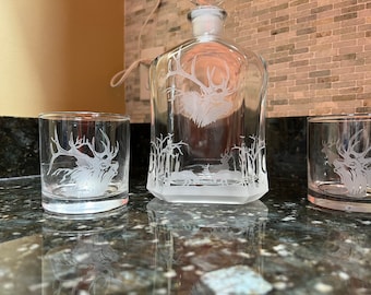 Handcrafted Elk Decanter Set, Sand-Carved Whiskey Decanter, 23.75 oz