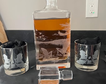 Sandcarved Lake Scene Decanter: Adirondack Chairs, Nature Art