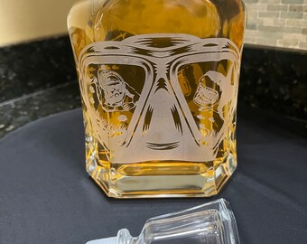 Scuba diver decanter version #3 Diver & Great White Sharks  Sandcarved engravings by hand decanter 23.75 oz. Diver gift Shark Decanter