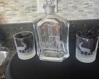 Sand-Carved Deer Decanter Set: Hunter Scene, Optional Glasses