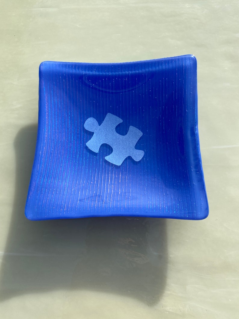 Autism Puzzle Piece Dish Autism Awareness Dish Autism Awareness Fused Glass Dish Autism Glass Dish Puzzle Piece Glass Dish