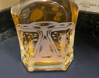 Hand-Sandcarved Scuba Diver Decanter: Sea Turtle & Fish Engravings