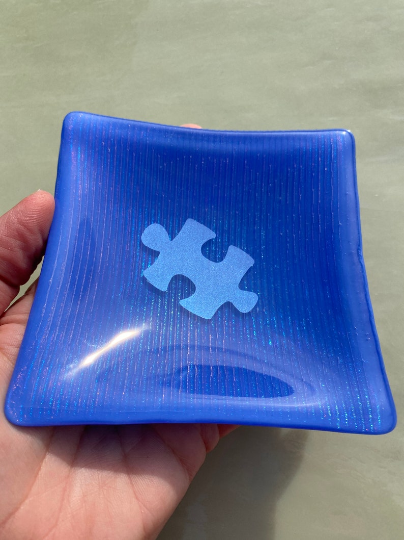 Autism Puzzle Piece Dish Autism Awareness Dish Autism Awareness Fused Glass Dish Autism Glass Dish Puzzle Piece Glass Dish