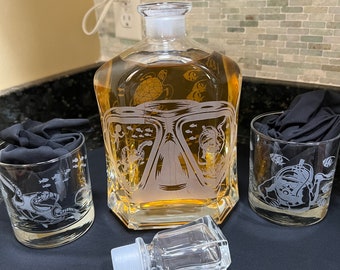 Sandcarved Scuba Diver Decanter: Sea Turtle & Octopus Engravings
