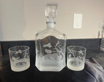 Handcrafted Sand-Carved Turkey Decanter Set: and optional FULL Wrap matching Whiskey Glasses