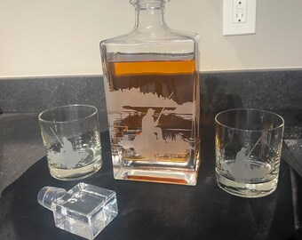 Fisherman Decanter Set engraved : Nature Scene Whiskey Glasses, 810 ml Pole up