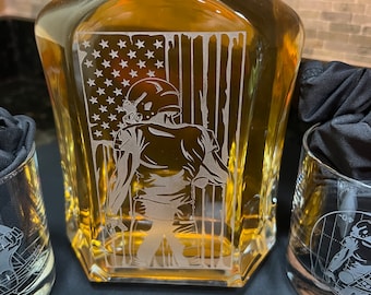 Football Decanter: American Flag & Player, Sand-Carved Whiskey Decanter