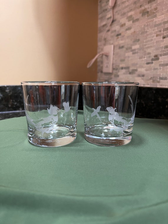 2 Whiskey  Cognac Glasses with Fun Bigfoot search team sand carved straight sided  glasses