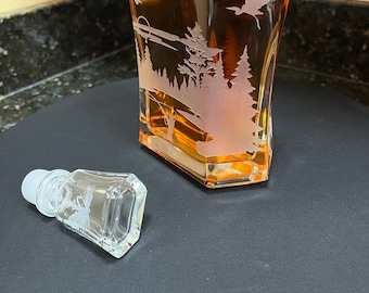 Fly fisherman Decanter engraved with scenic view for Whiskey decanter 23.75 oz.  handcrafted