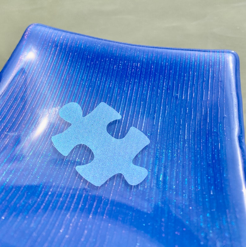 Autism Puzzle Piece Dish Autism Awareness Dish Autism Awareness Fused Glass Dish Autism Glass Dish Puzzle Piece Glass Dish
