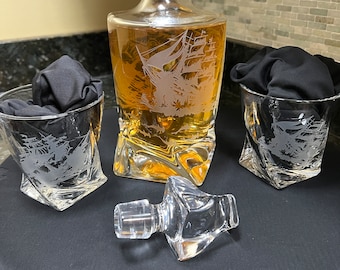 Sand-Carved Pirate Ship Decanter Set: Schooners & Sharks, Optional Glasses