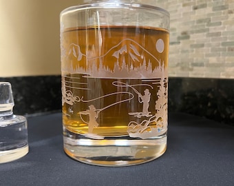 Couple Fly fishing Decanter engraved with scenic view  26 oz.