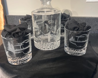 Golfing Decanter engraved with scenic view  26 oz. And matching 4 9 oz.  glasses