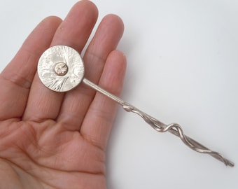 Fine hairpin made of silver-plated bronze (copper + tinplate) handcrafted bun pin.