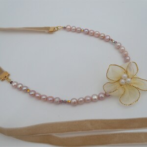 Fine adjustable head/neck neck lock with beads and romantic organza flower, chic, summer in bloom.