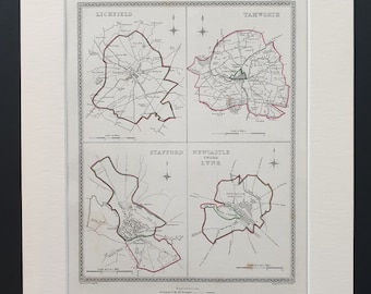 Lichfield, Tamworth, Stafford and Newcastle under Lyne - Original 1835 maps in mount