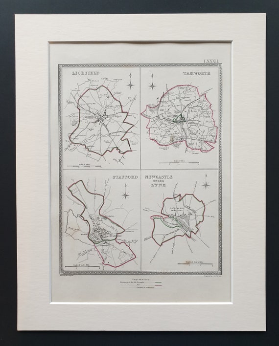 Lichfield, Tamworth, Stafford and Newcastle under Lyne - Original 1835 maps in mount