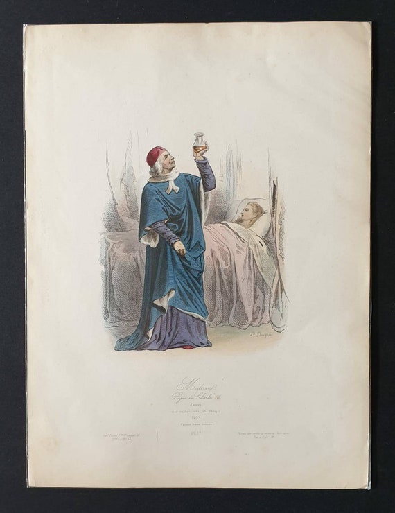 Original c1840 hand coloured French historical costume print - Doctor in the Kingdom of Charles VIII, 1493