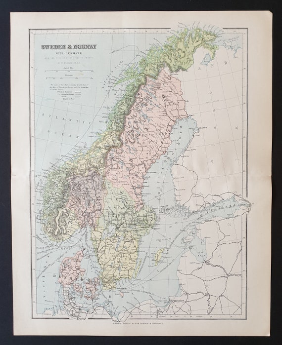 Sweden and Norway, with Denmark - Original 1902 map