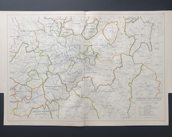 London Gas Supply and Underground and Electrified Railways - Original large 1929 London map