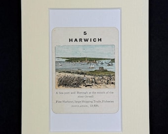 Harwich - Original Vintage Counties of England Card in Mount