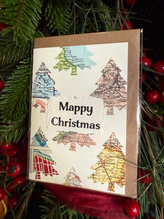 Mappy Christmas - handmade card using original vintage map pieces