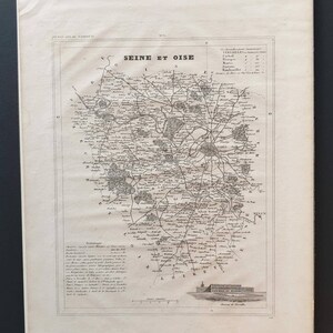 Pode incluir: Mapa antigo de Seine-et-Oise, França, do Petit Atlas National. O mapa em preto e branco apresenta ilustrações detalhadas das cidades, estradas e rios da região. O título "SEINE ET OISE" é exibido no topo.