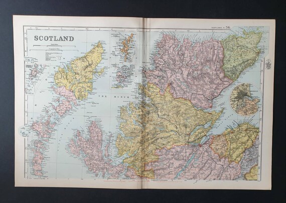 Original 1900 Large Antique map - Scotland North