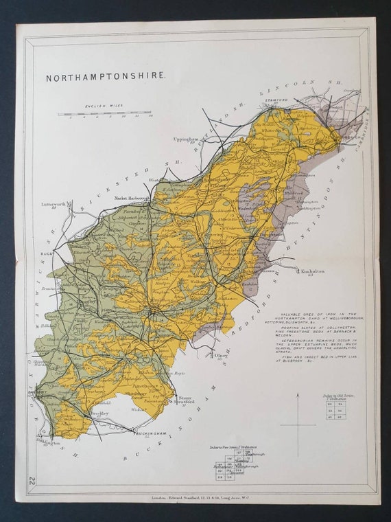 Original 1904 Antique County Geology map - Northamptonshire