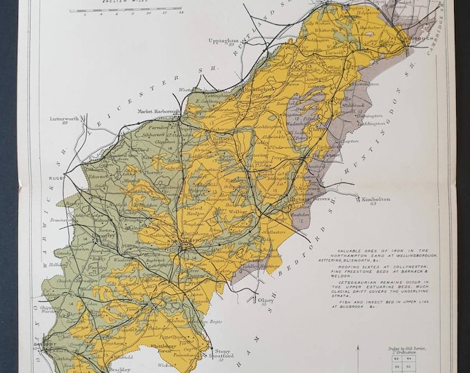 Original 1904 Antique County Geology map - Northamptonshire