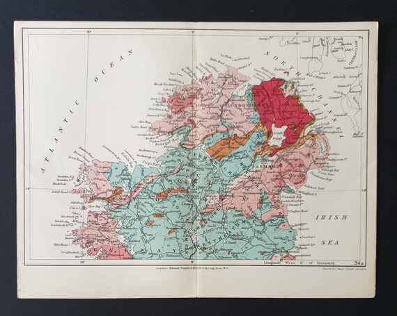 Original 1914 Antique County Geology map - Northern Ireland and North Ireland