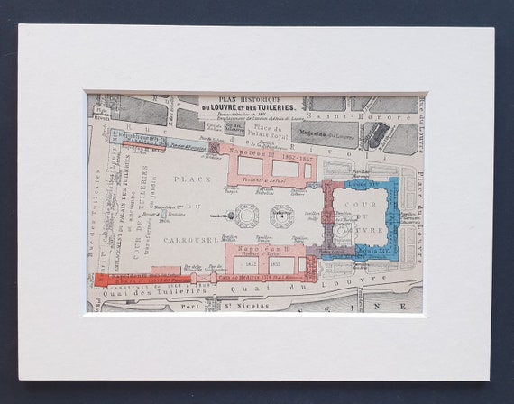 The Louvre and The Tuileries - Original 1907 map in mount