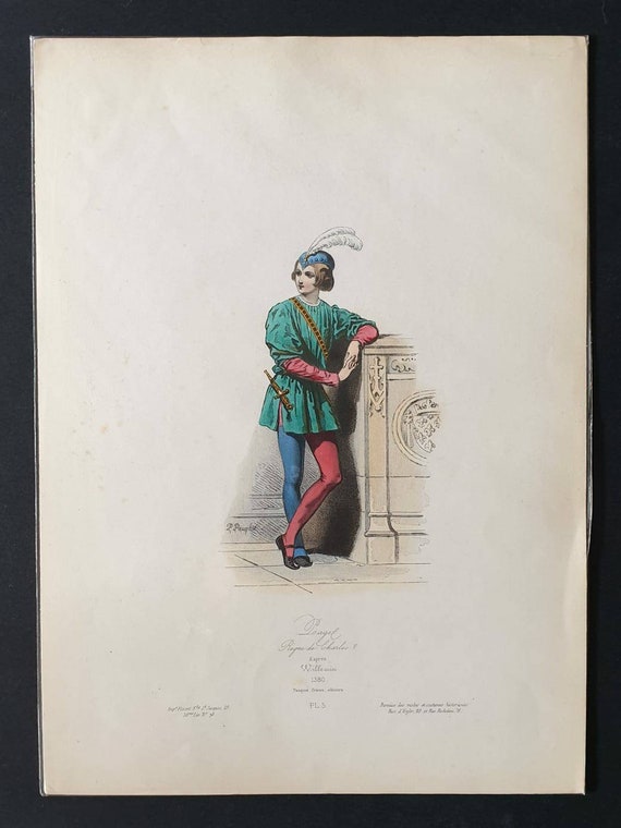 Original c1840 hand coloured French historical costume print - a Page in the Kingdom of Charles V, 1380