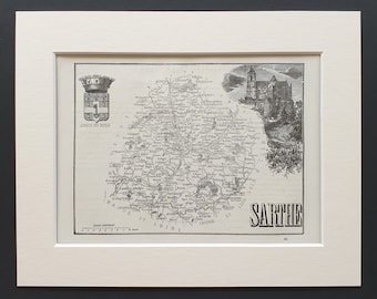 Sarthe - Original 1865 map in mount