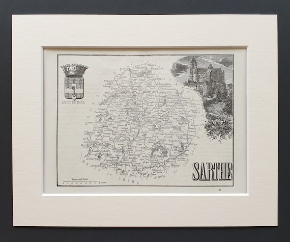 Sarthe - Original 1865 map in mount