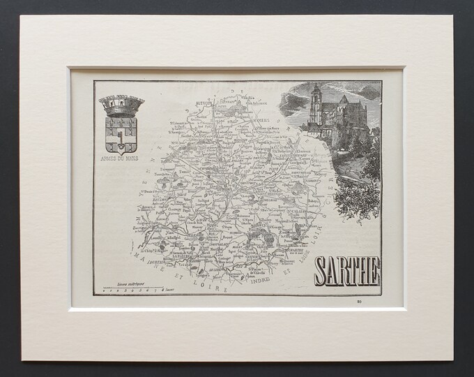 Sarthe - Original 1865 map in mount