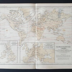 Könnte beinhalten: Eine Vintage-Klimakarte, Tafel 10, die eine Weltkarte mit Temperaturlinien und geografischen Details zeigt. Die Karte enthält Insets der Britischen Inseln und Mitteleuropas mit Textbeschriftungen und Anmerkungen. Die Karte ist auf gealtertem Papier gedruckt.