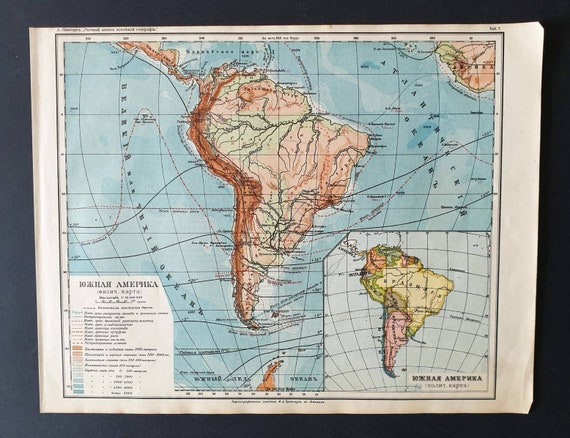 Original rare 1913 Russian map. South America