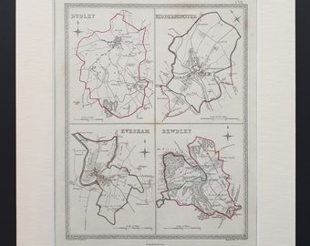 Dudley, Kidderminster, Evesham and Bewdley - Original 1835 maps in mount