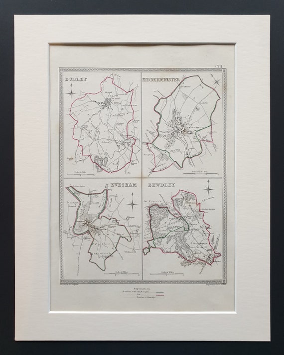 Dudley, Kidderminster, Evesham and Bewdley - Original 1835 maps in mount