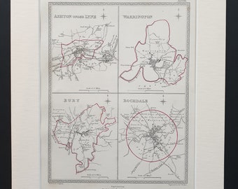 Ashton under Lyne, Warrington, Bury and Rochdale - Original 1835 maps in mount