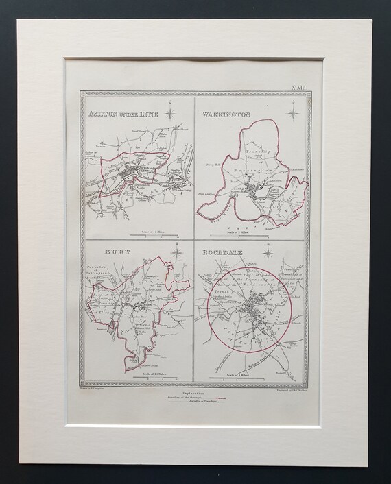 Ashton under Lyne, Warrington, Bury and Rochdale - Original 1835 maps in mount