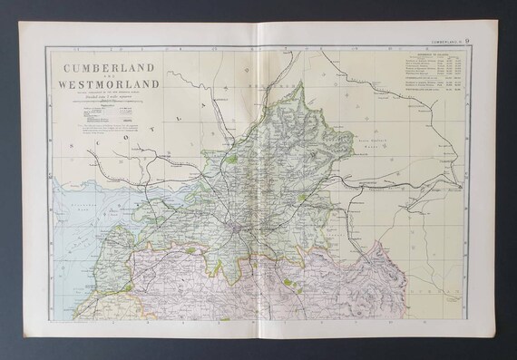 Original 1901 Large Antique County map - Cumberland North and Westmoreland