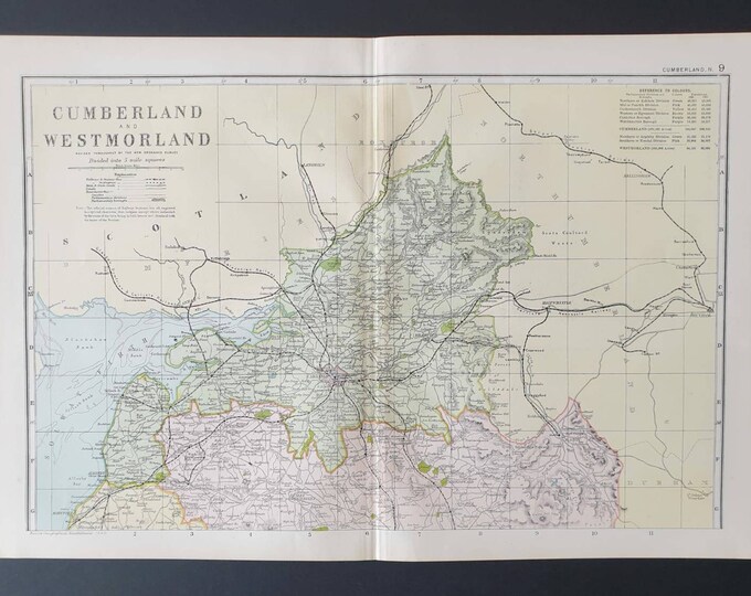 Original 1901 Large Antique County map - Cumberland North and Westmoreland
