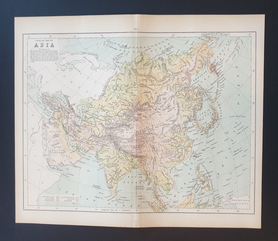 Physical Map of Asia Original 1898 Map | Etsy