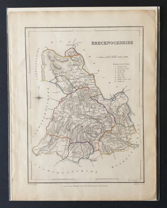 Original 1844 hand coloured County map - Brecknockshire