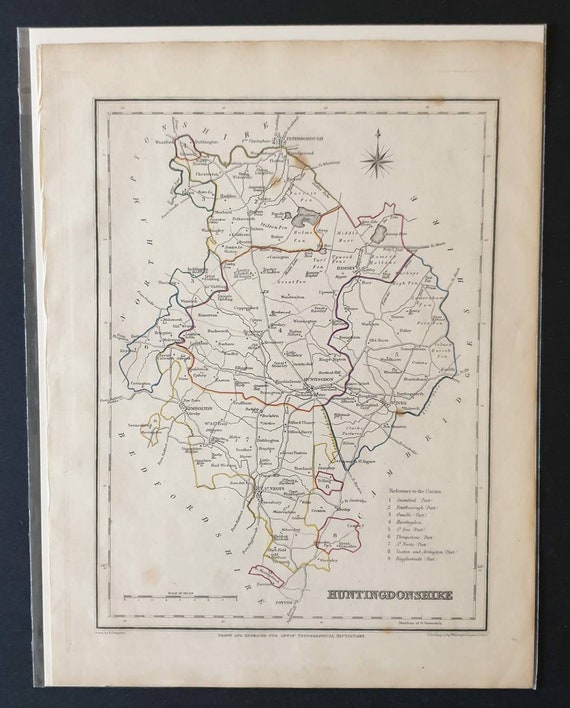 Original 1844 hand coloured County map - Huntingdonshire