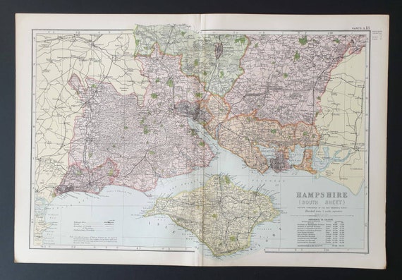Original 1901 Large Antique County map - Hampshire South