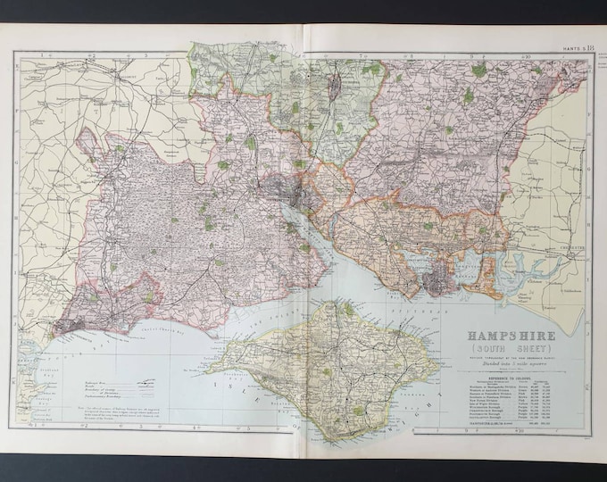 Original 1901 Large Antique County map - Hampshire South